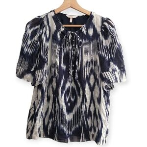 Rebecca Taylor Silk Short Sleeve Button Up Blouse Tie Neck Blue White 8